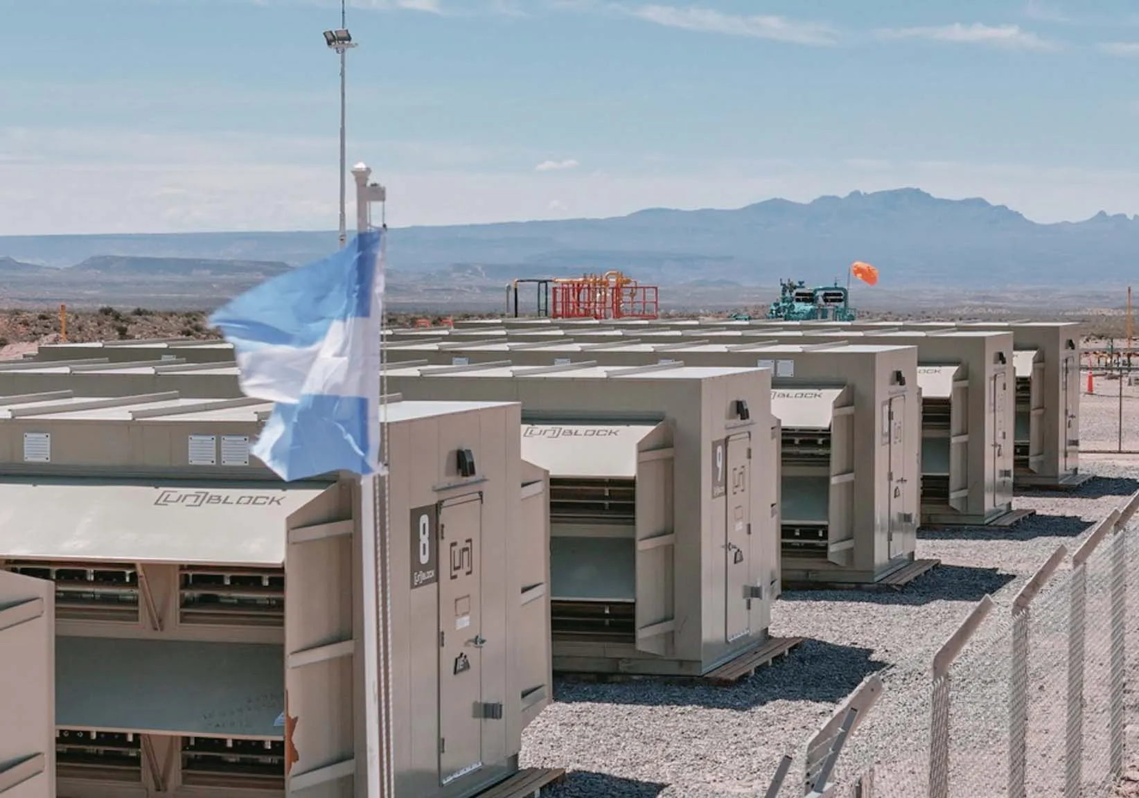 An Unblock computing 12MW data center, powered by gas that would otherwise be flared at Tecpetrol oil production facilities in Vaca Muerta, Argentina.