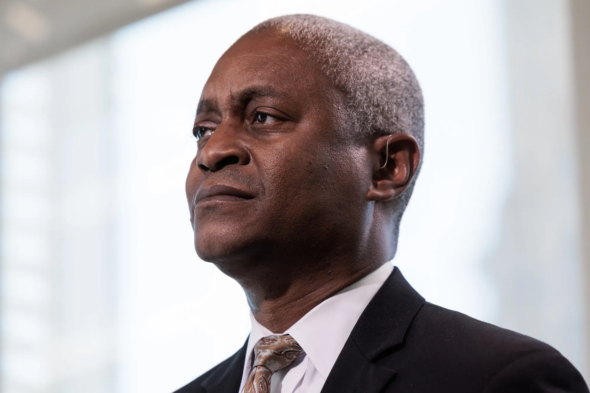 Raphael Bostic, president and chief executive officer of the Federal Reserve Bank of Atlanta, during a Bloomberg Television interview in Atlanta, Georgia, US, on Friday, Nov. 3, 2023. Bostic said policymakers have time to watch how the economy is evolving and be patient when it comes to interest-rate moves. He has been out in front of other Fed officials in calling for a long pause.