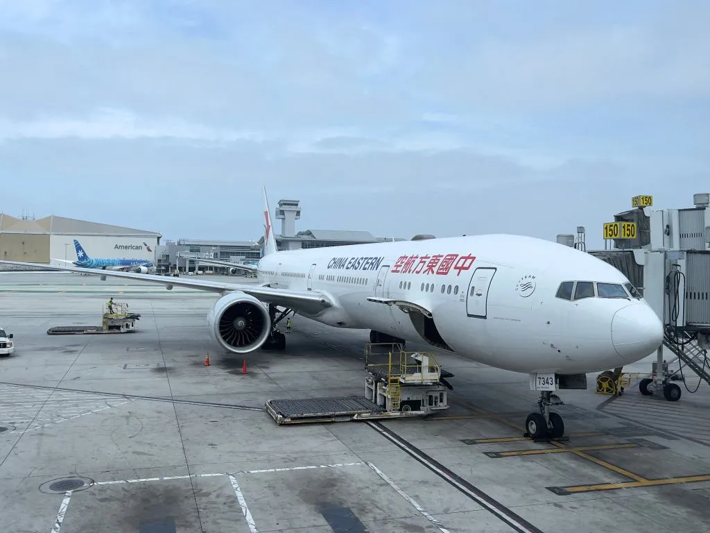An Eastern China Boeing 777 at the gate at Los Angeles International Airport.