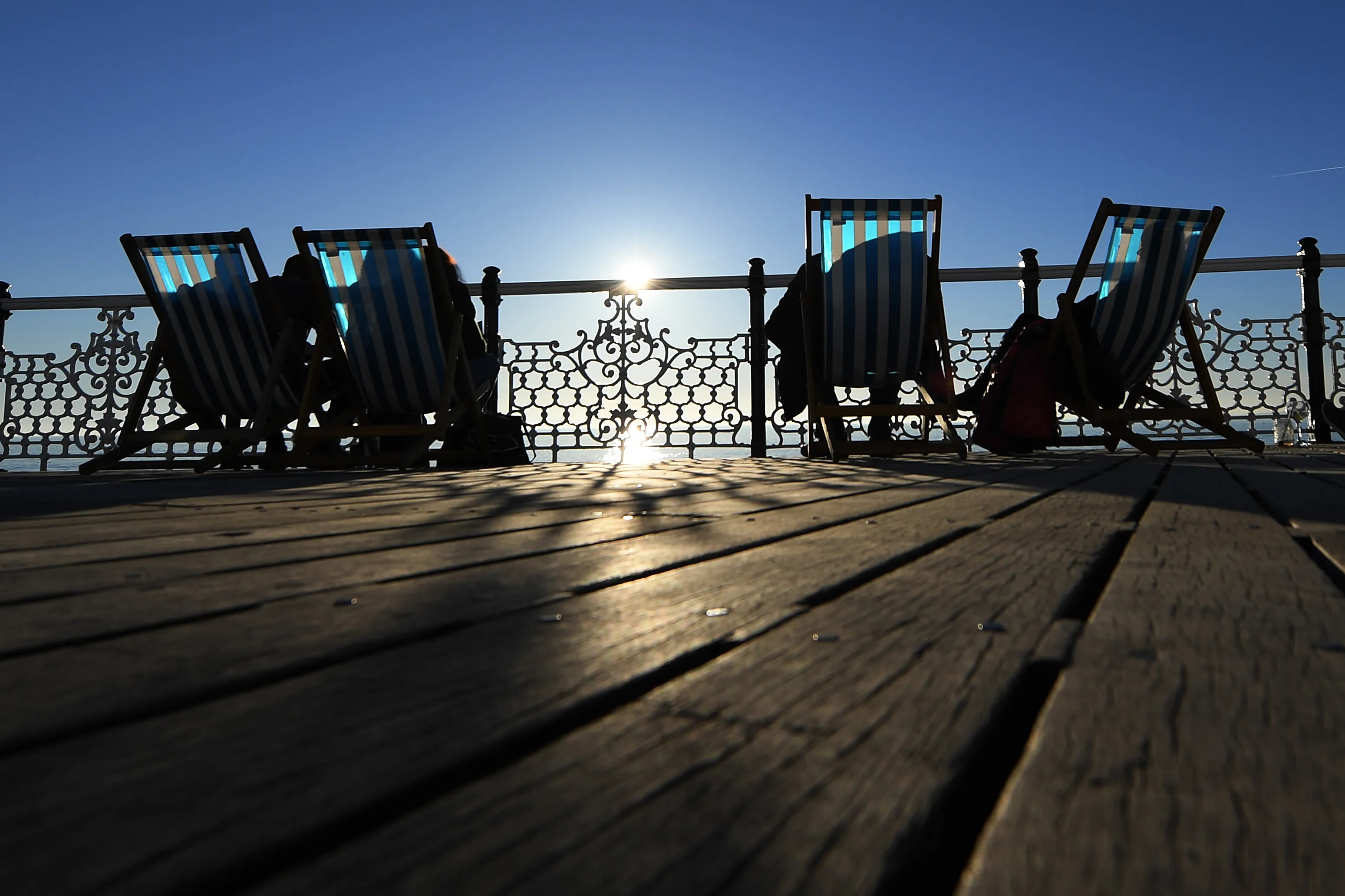 Deckchairs on Palace Pier in Brighton, England on Feb. 25.