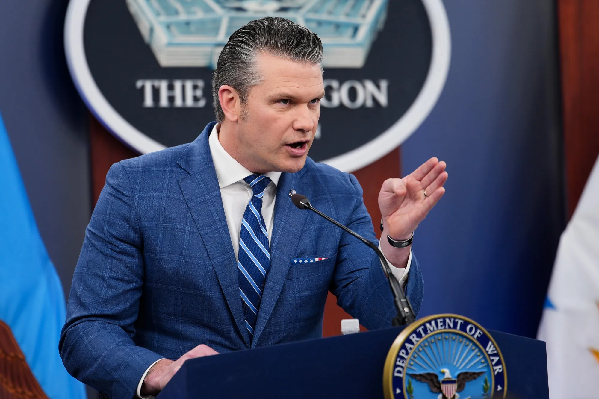 Pete Hegseth speaks during a press briefing on April 8. (Photo by Andrew Harnik/Getty Images)
