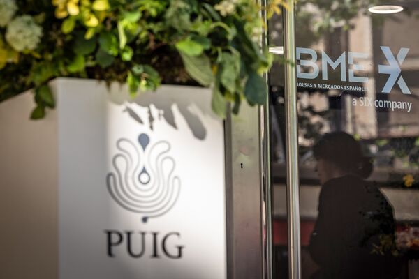 Puig Brands branding at the company's listing ceremony at the Barcelona Stock Exchange on May 3.