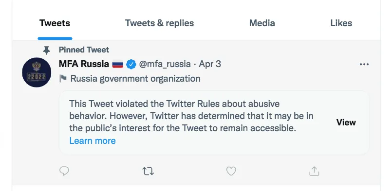 The&nbsp;Ministry of Foreign Affairs of Russia Twitter account on April 6.