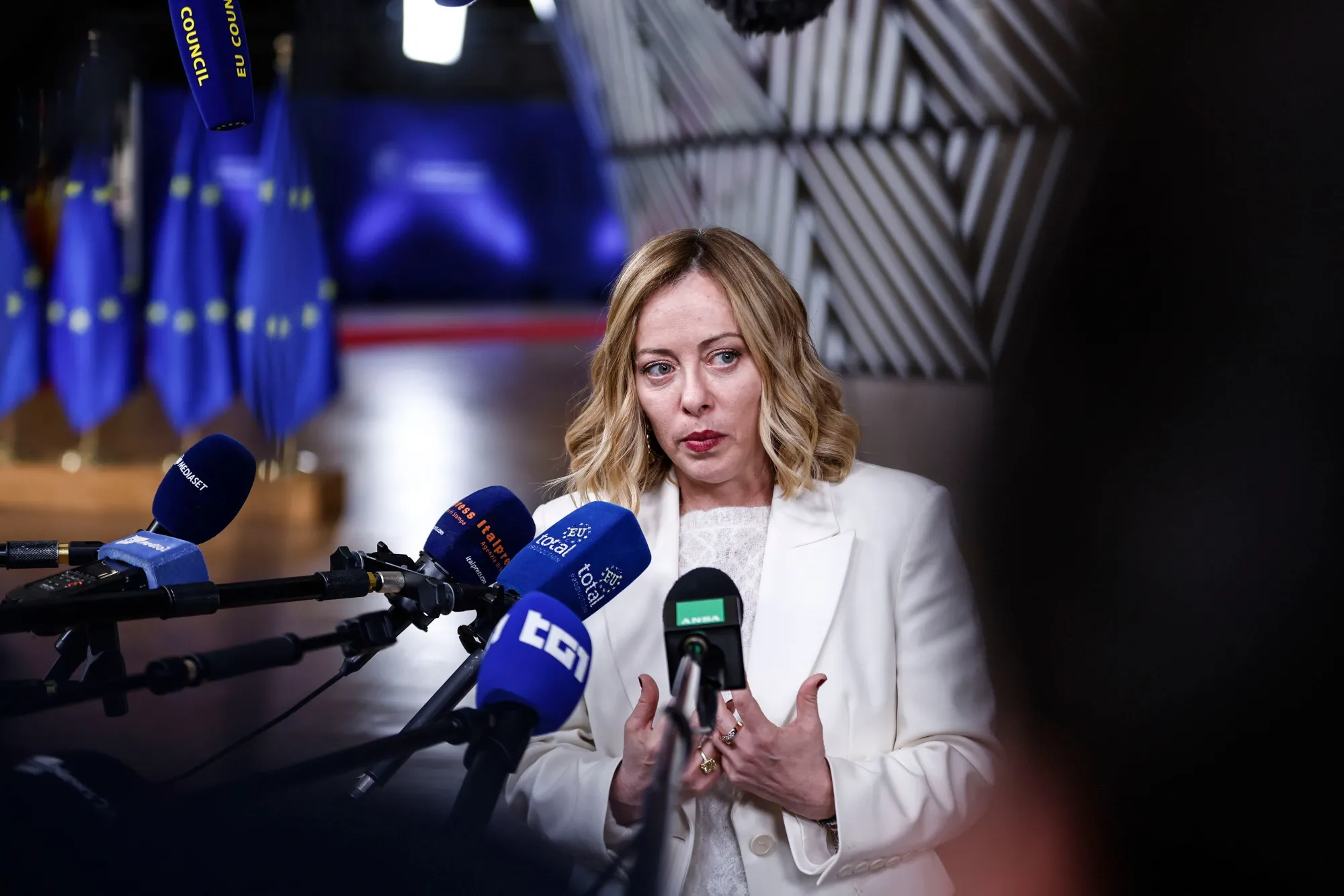 Giorgia Meloni following a special European Council meeting in Brussels on March 6.