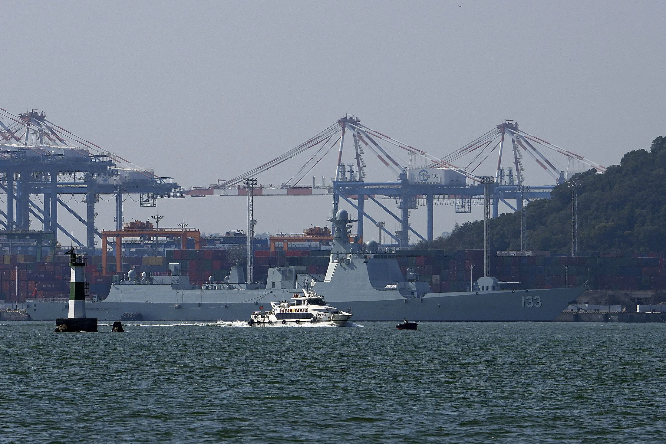 The Chinese guided missile destroyer Baotou docked near a port in Xiamen, China, in 2023.