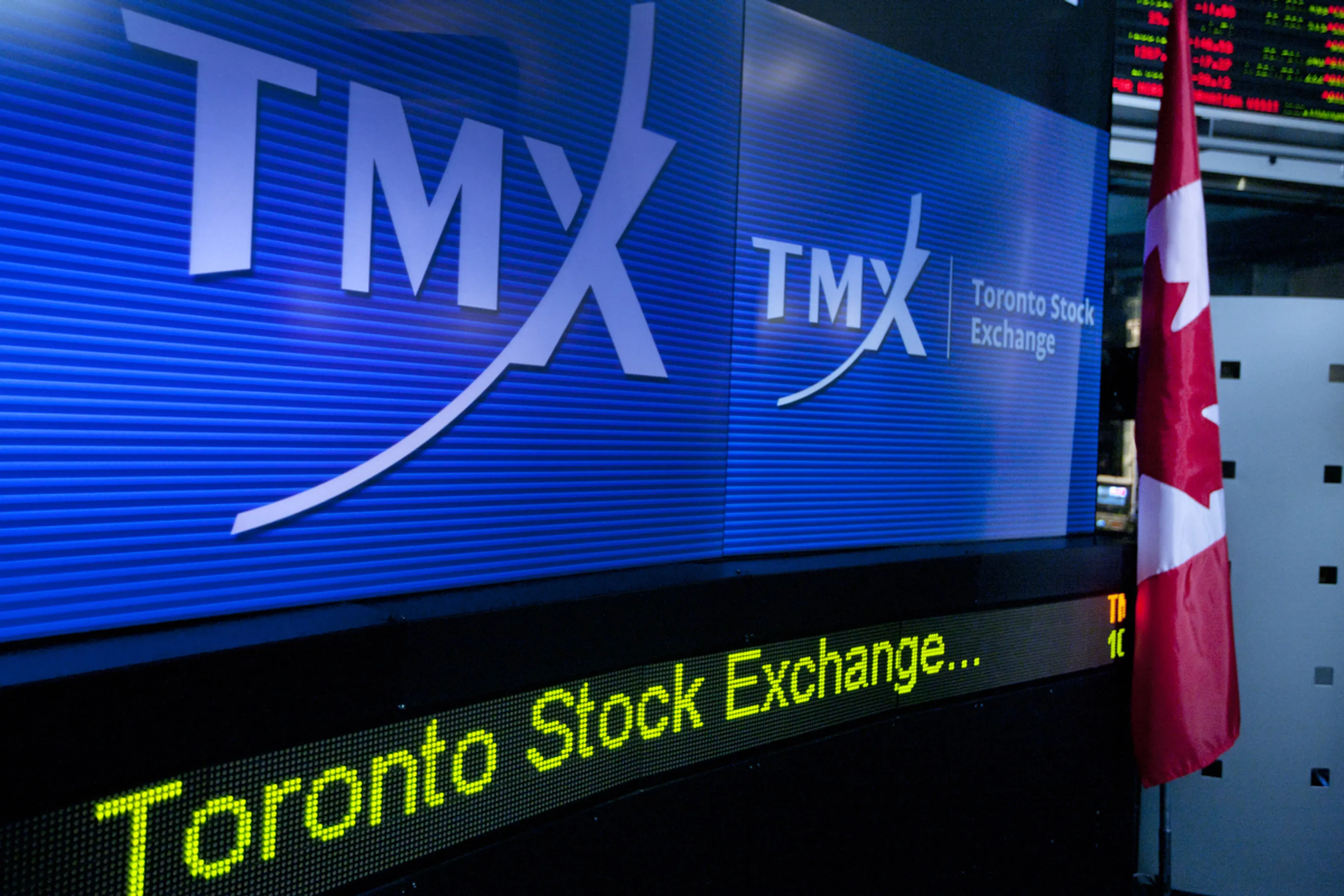 TMX Group Inc. signage is displayed on a screen in the broadcast center of the Toronto Stock Exchange in Toronto, Ontario.