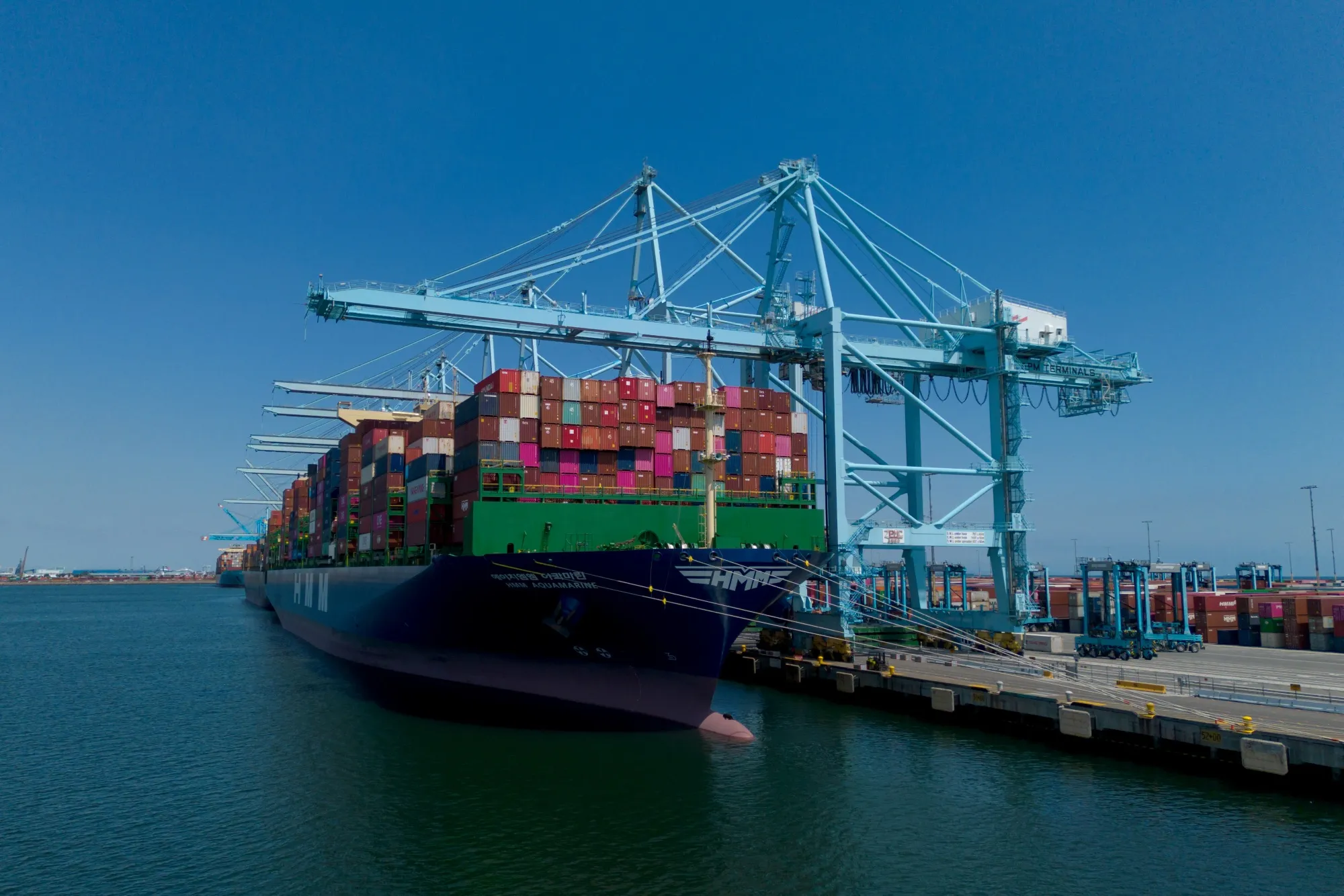 The HMM Aquamarine container ship docked at the Port of Los Angeles on Monday, April 28, 2025.