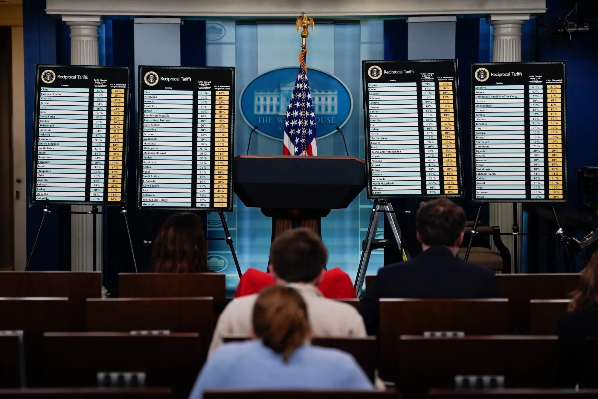 Posters displaying information on reciprocal tariffs in the James S. Brady Press Briefing Room of the White House in Washington, DC, US, on Wednesday, April 2, 2025. US President Donald Trump is imposing tariffs on US trading partners worldwide, his biggest assault yet on a global economic system he has long bemoaned as unfair.