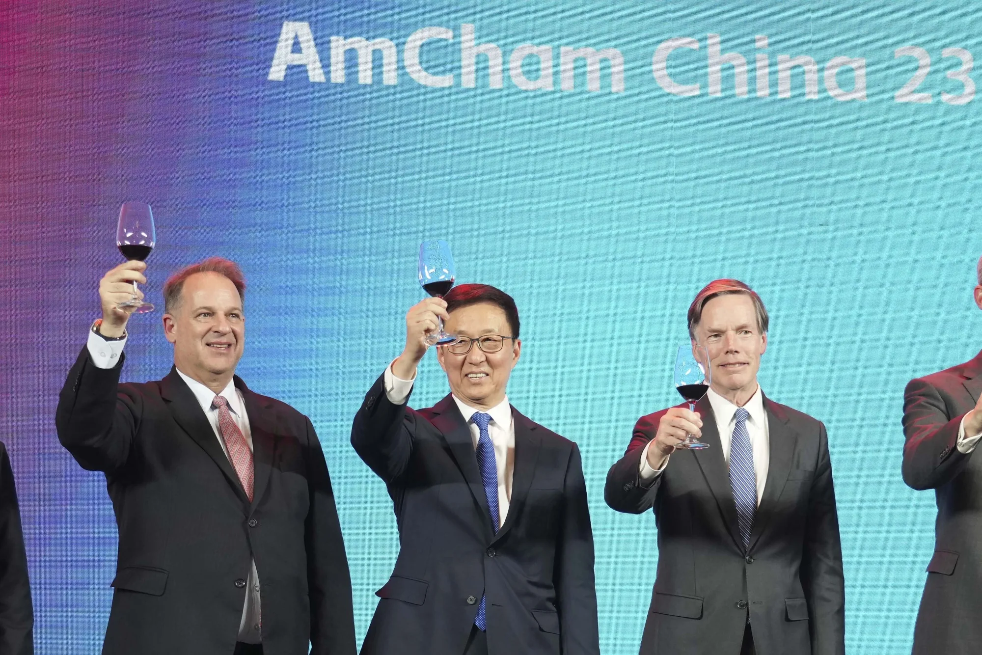 Sean Stein, from left, Han Zheng and Nicholas Burns at an AmCham event in Beijing on March 1.