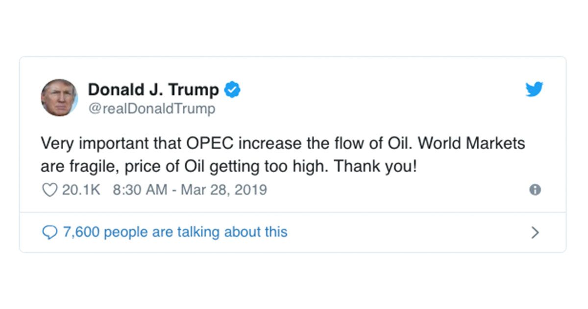 Trump Tweet Says OPEC Should Pump More Oil As Prices Too High - Bloomberg