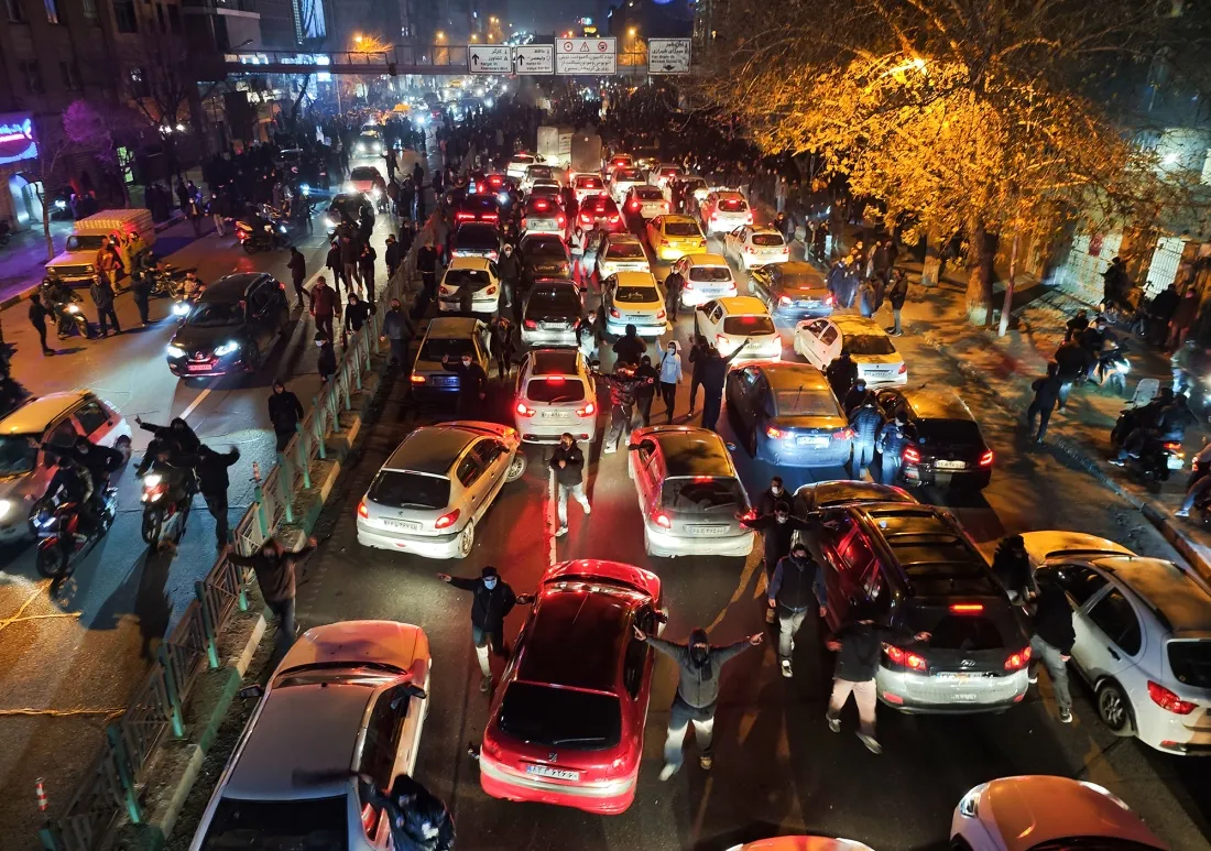 Protesters block a road during demonstrations in Tehran, on Jan. 8. 
