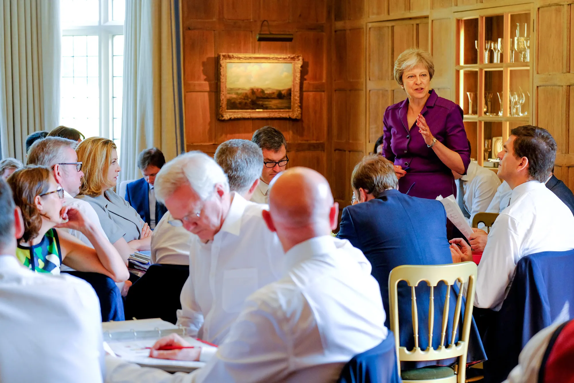 Theresa May speaks during a cabinet meeting at Chequers.