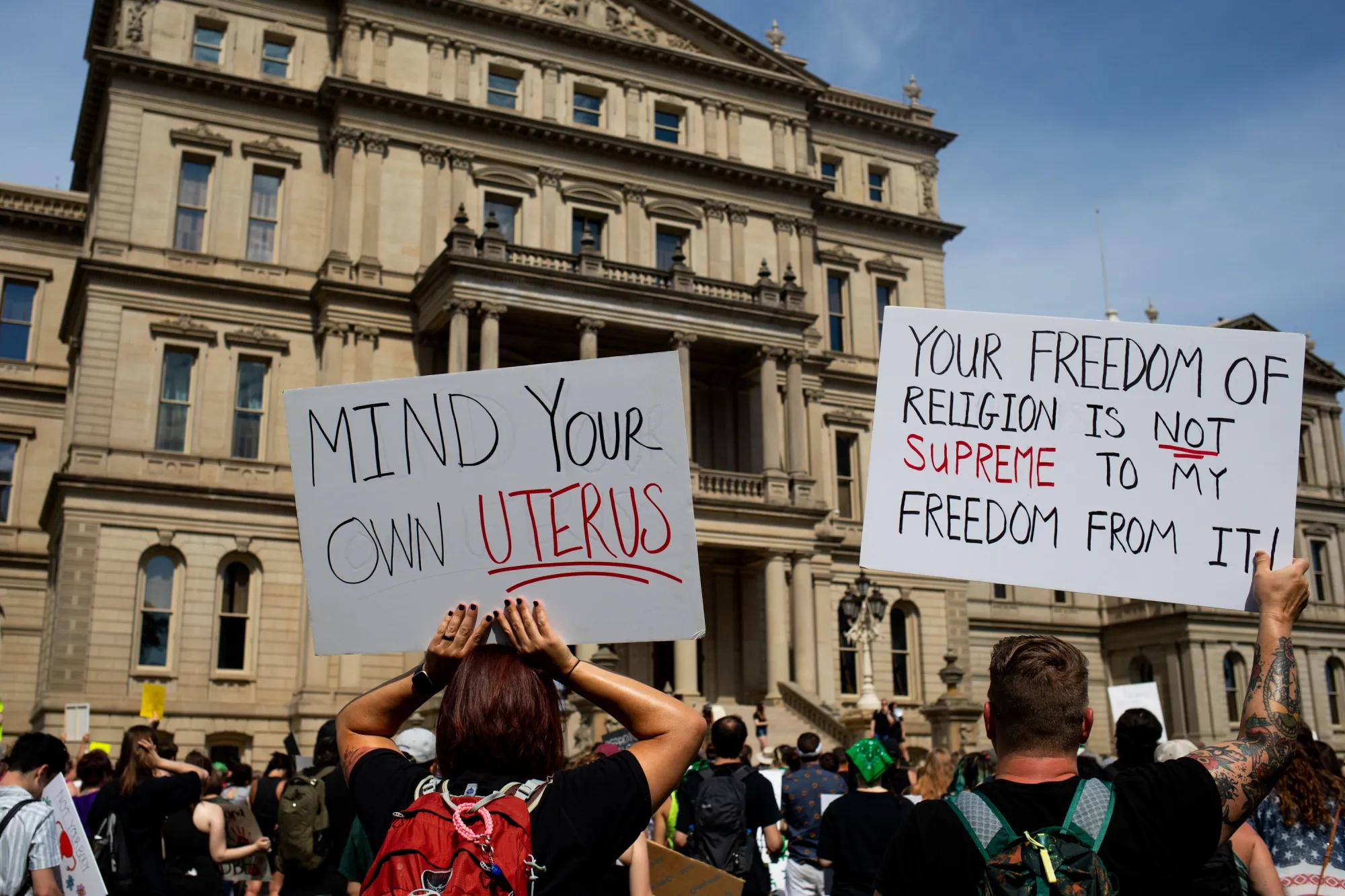 Abortion rights demonstrators during a national day of protest in Lansing, Michigan, US, on Monday, July 4, 2022.