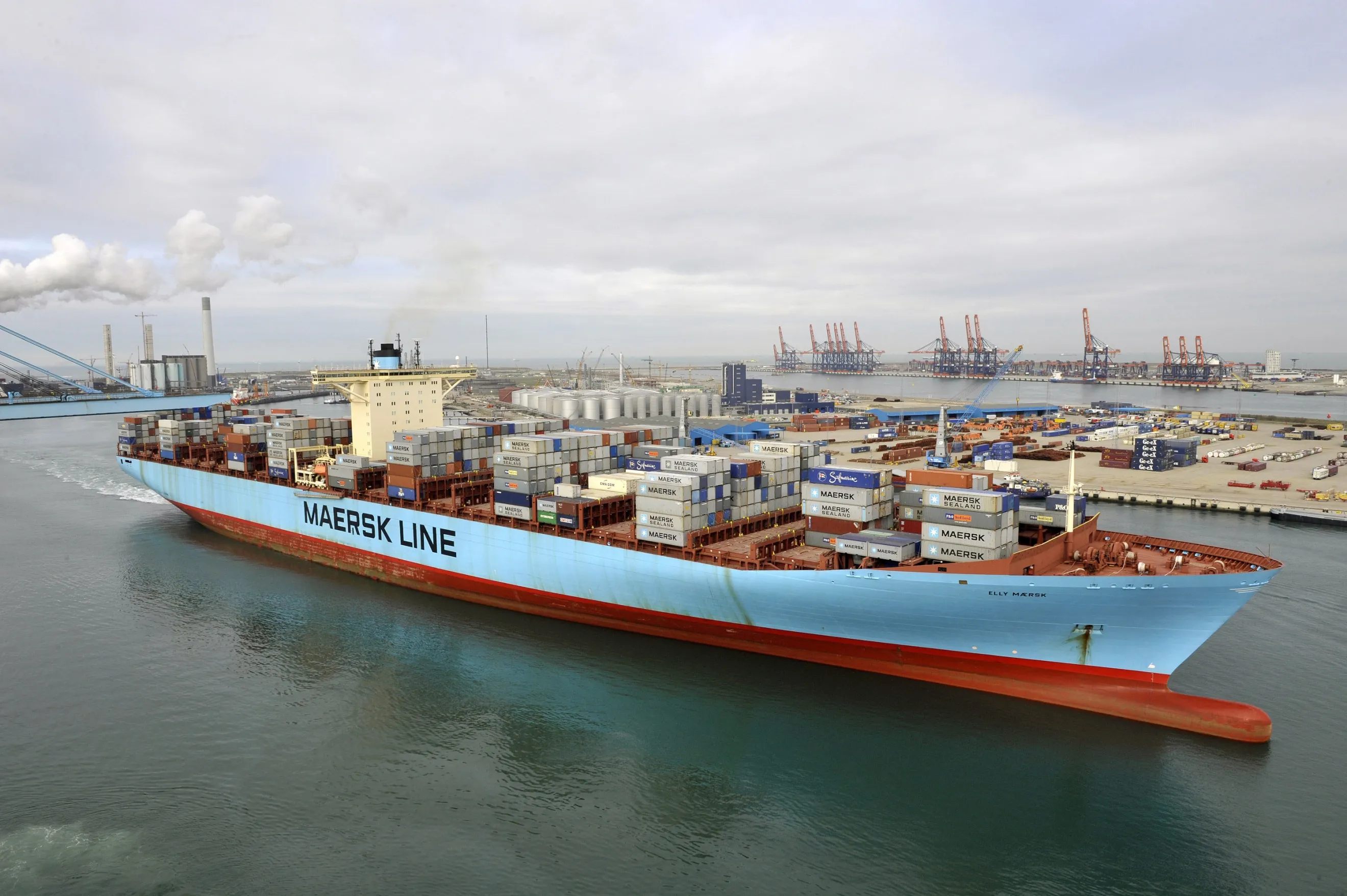 A Maersk container ship departs the Port of Rotterdam.