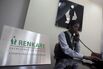 The logo for Fortis Healthcare India Ltd.'s Renkare dialysis clinic is displayed at the clinic's reception area in New Delhi, India.