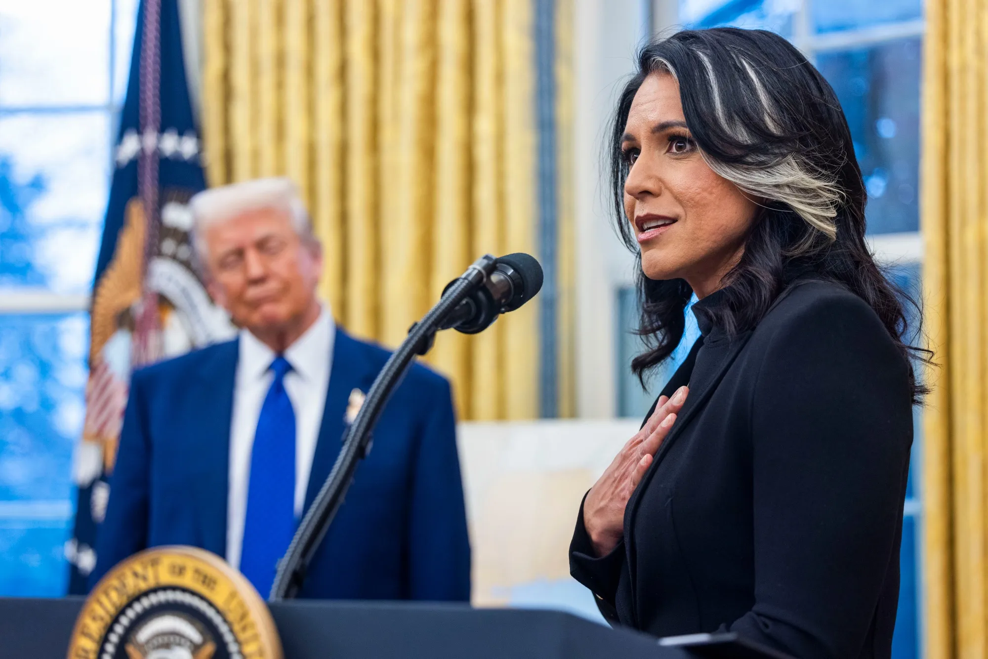 Director of National Intelligence Tulsi Gabbard at a swearing-in ceremony in the Oval Office of the White House on Wednesday, Feb. 12, 2025.