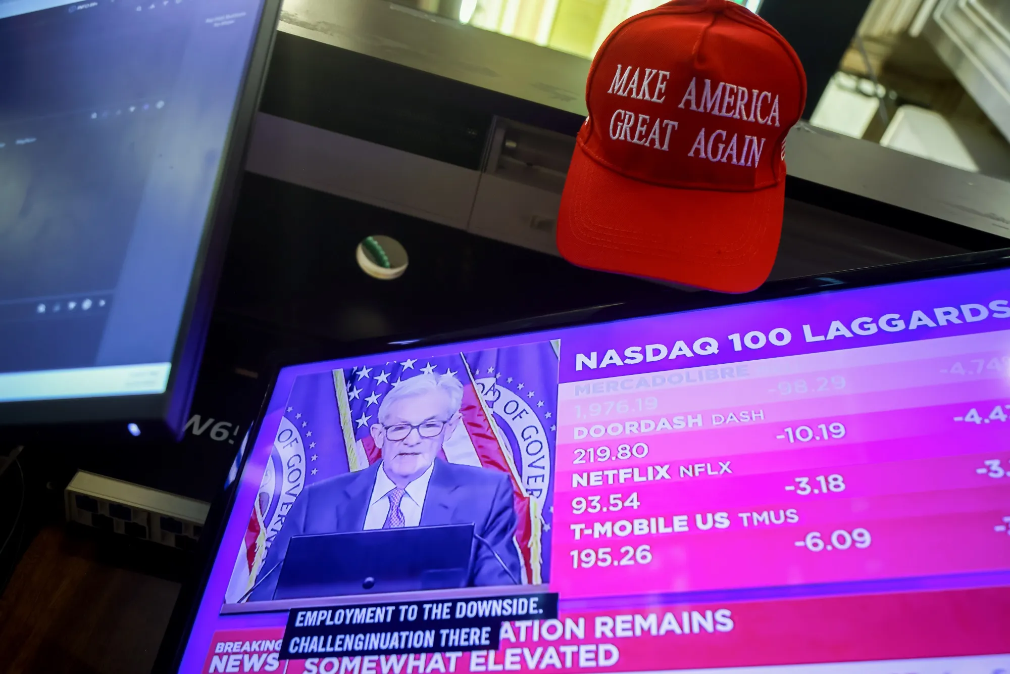 A television station broadcasting Jerome Powell on the floor of the New York Stock Exchange.