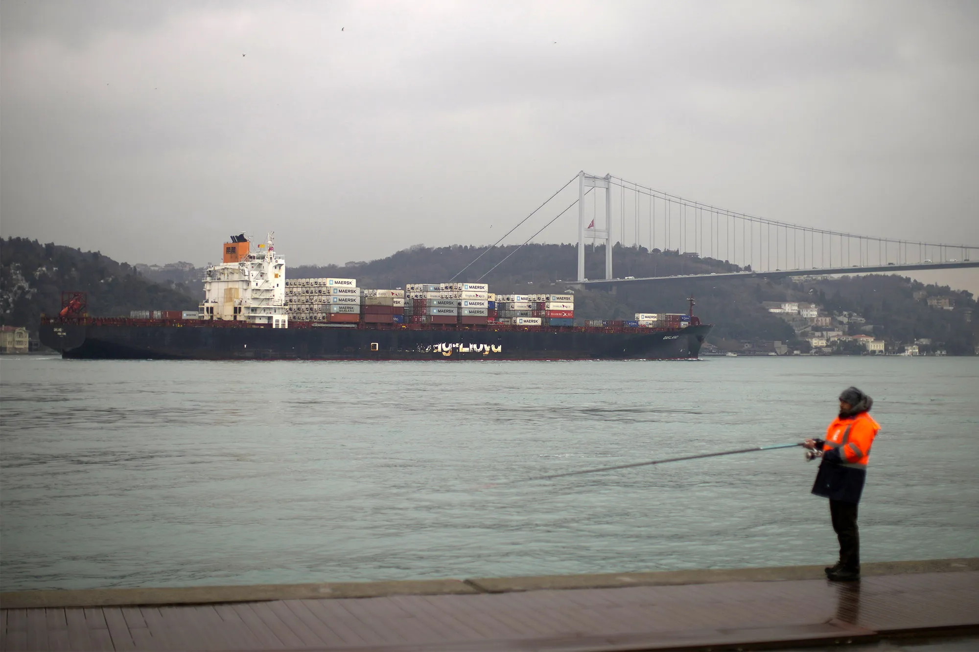 A container ship crosses the Bosphorus strait after departing from Russia's Novorossiysk port.