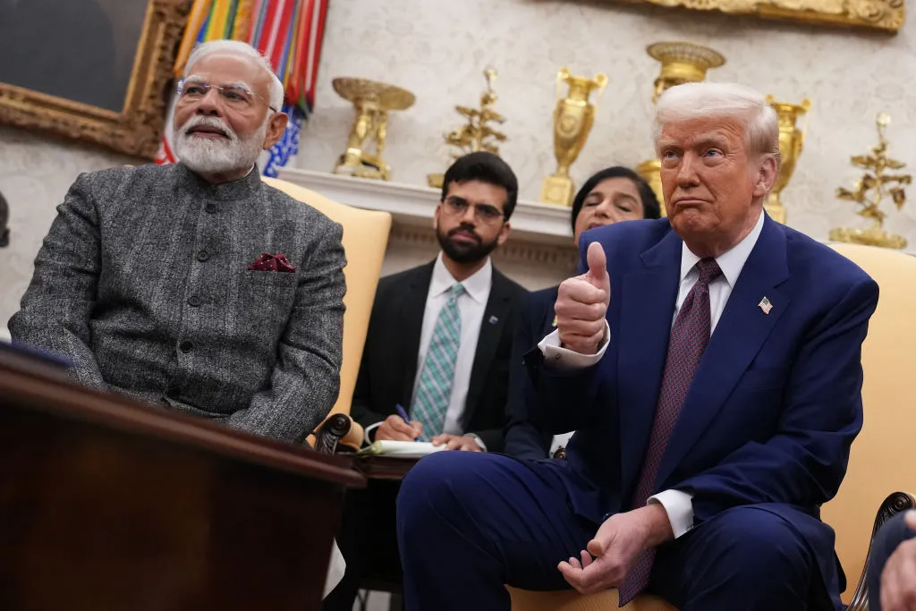President Donald Trump and Indian Prime Minister Narendra Modi meet in the Oval Office at the White House on Feb. 13, 2025. 