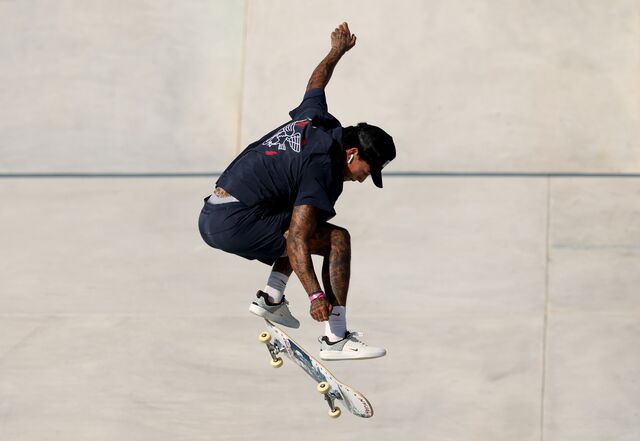 Nyjah Huston of the US competes in the men's street skateboarding prelims during the Paris 2024 Olympic Games at La Concorde in Paris, on July 29.