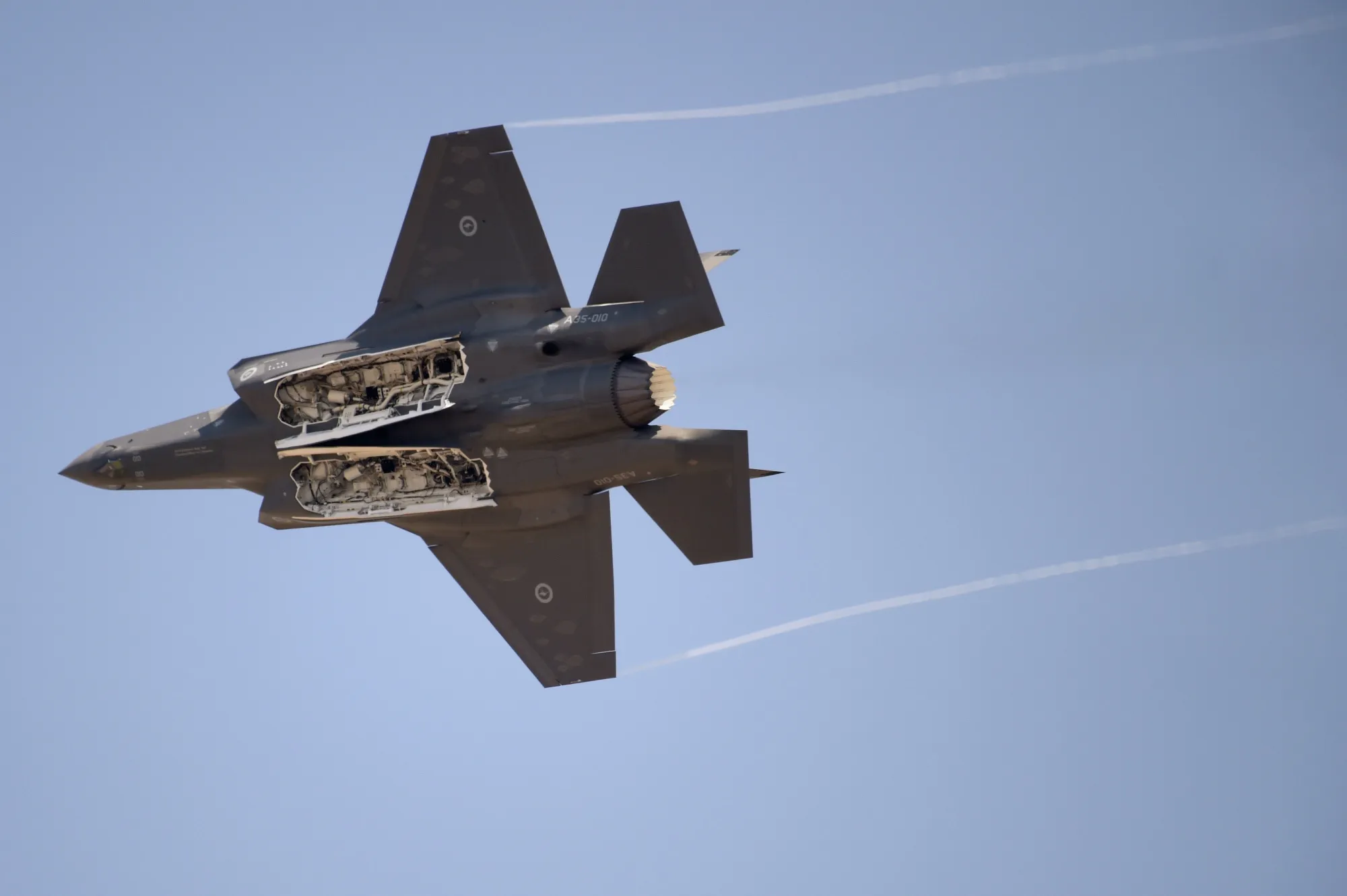 A Royal Australian Air Force (RAAF) Lockheed Martin Corp. F-35 Lightning II fighter aircraft performs in an air display.