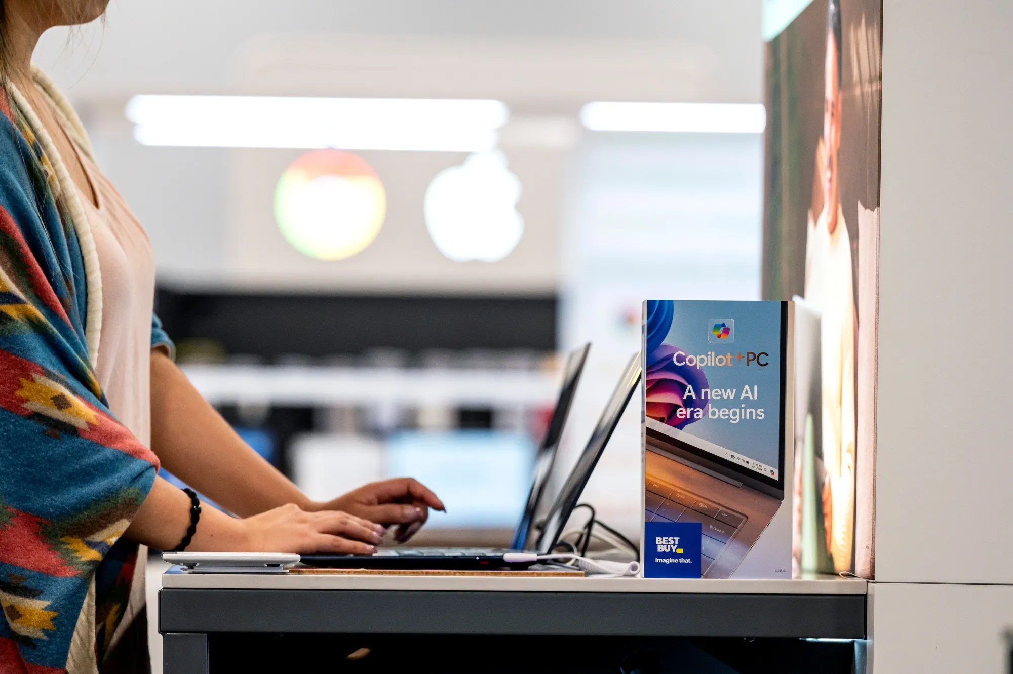 Signage for Microsoft Copilot+ PCs at a Best Buy store in Union City, California.