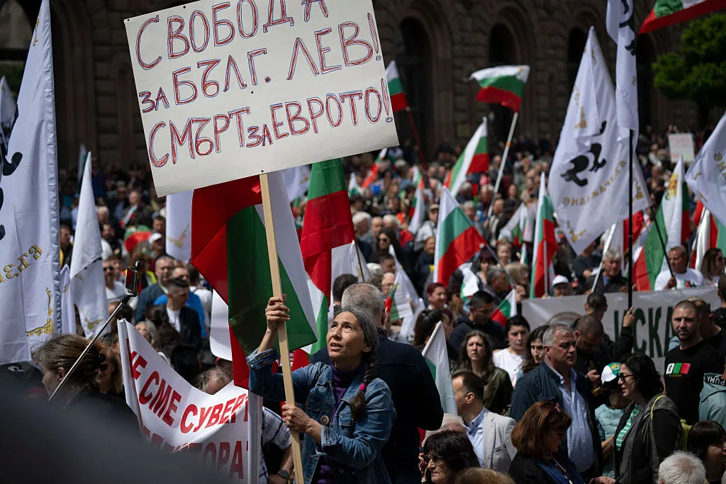 A demonstration against Bulgaria entering the Eurozone in Sofia, on May 31.