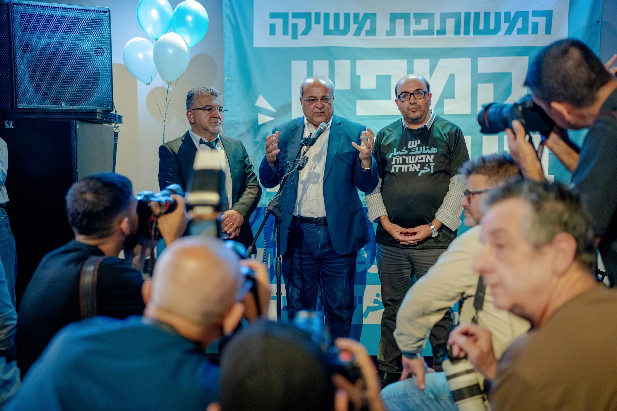 Yousef Jabareen, left, Ahmad Tibi, center, and Sami Abu Shehadeh, of the Joint List during a campaign news conference in Tel Aviv, on Oct. 5.