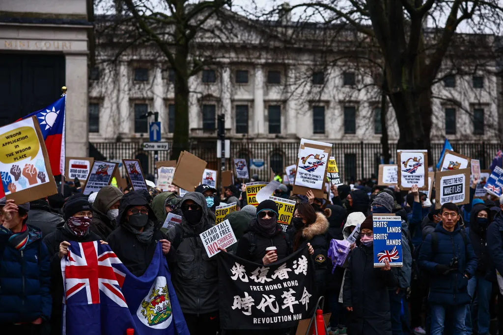 Protesters&nbsp;at the site of the former Royal Mint in London on Feb.&nbsp;8, 2025.