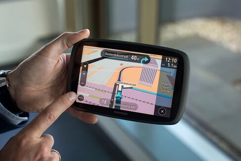 A street map is displayed on the touchscreen of a TomTom GO 6100 personal navigation device (PND) at TomTom NV's headquarters in Amsterdam, Netherlands, on Monday, June 29, 2015