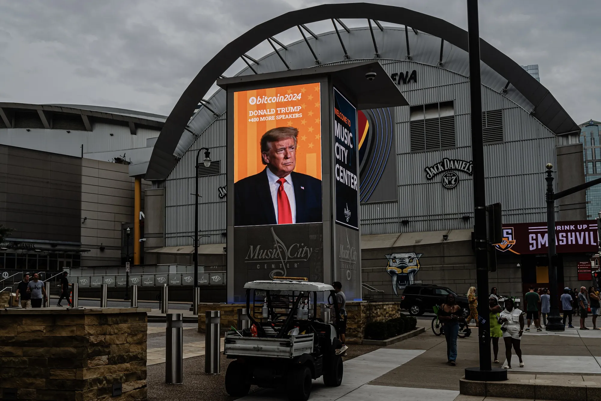 Donald Trump is digitally displayed outside the Music City Center before his speech at the Bitcoin 2024 conference in Nashville in July.