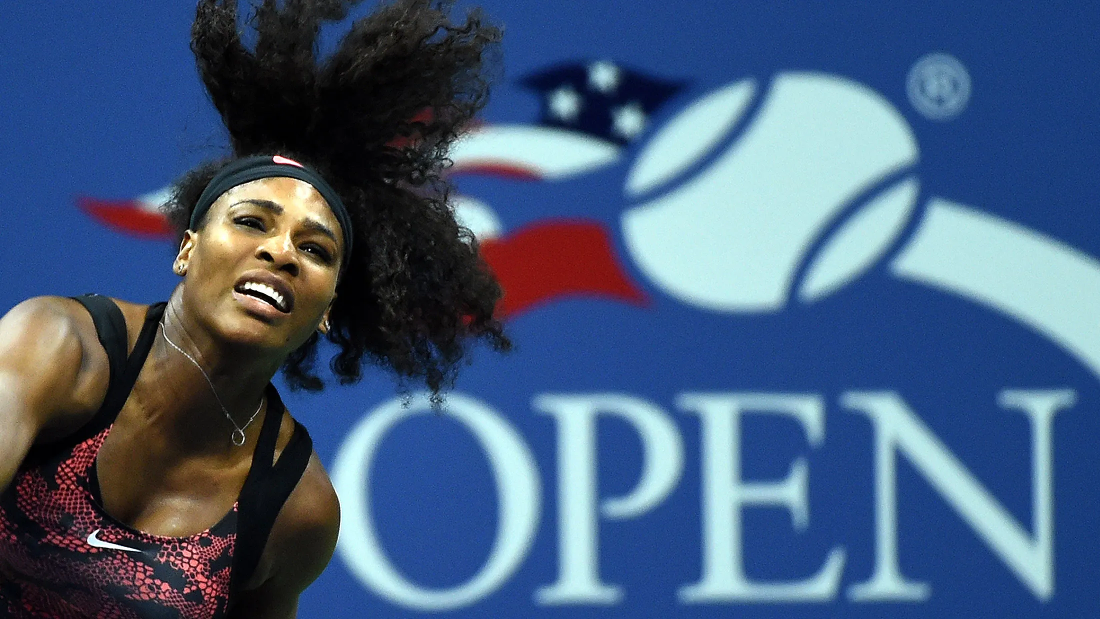 Serena Williams of the US serves to Vitalia Diatchenko of Russia during their Womens Singles Round 1 match at the 2015 US Open at USTA Billie Jean King National Tennis Center in New York on August 31, 2015.
