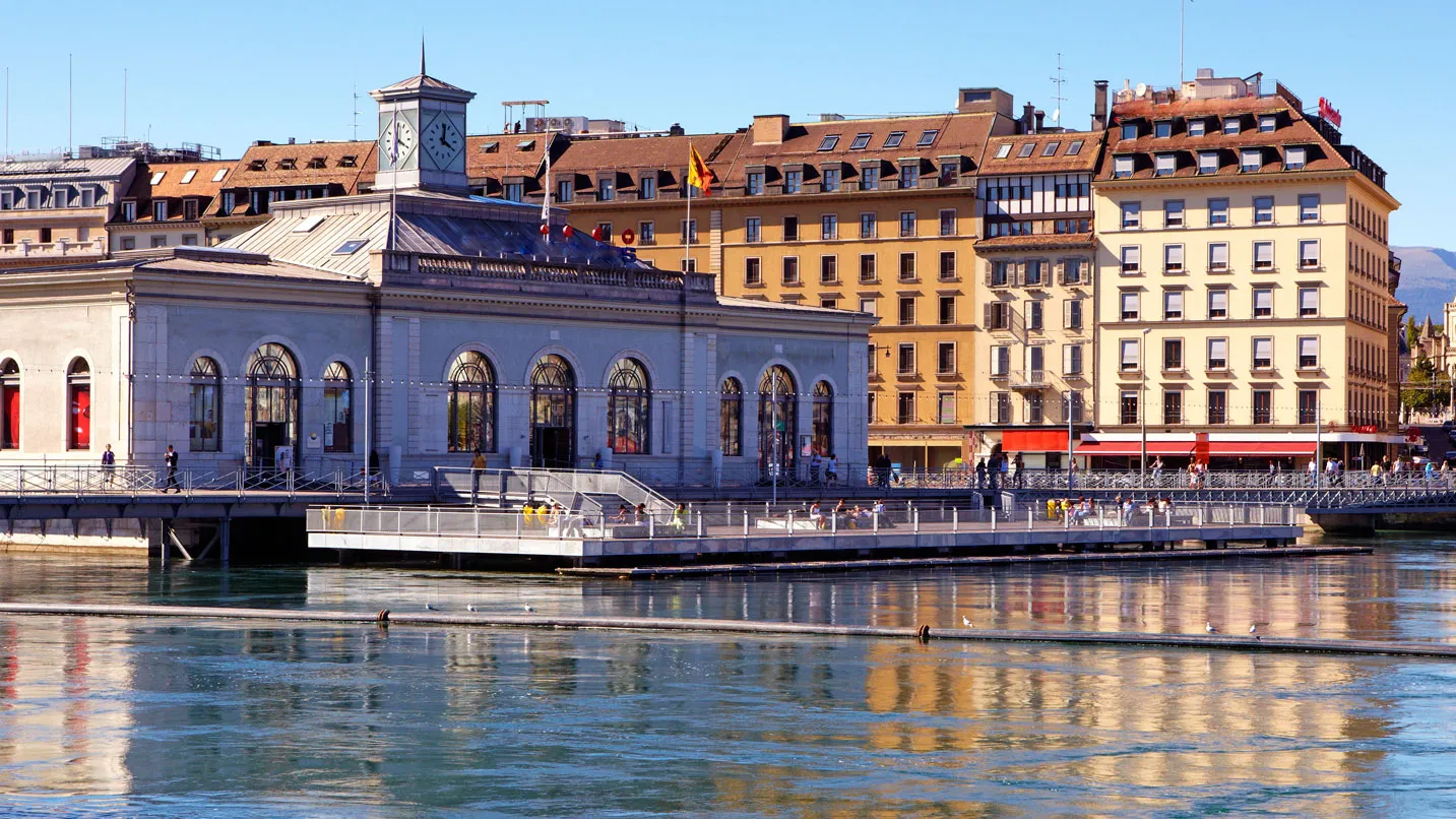 Apartments, Banks and Shops alongside Rhone River, Geneva, Switzerland