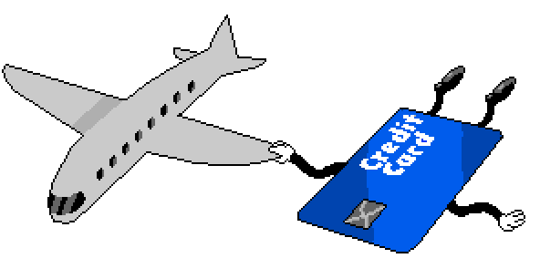 An animated illustration of a credit card and an airplane holding hands.