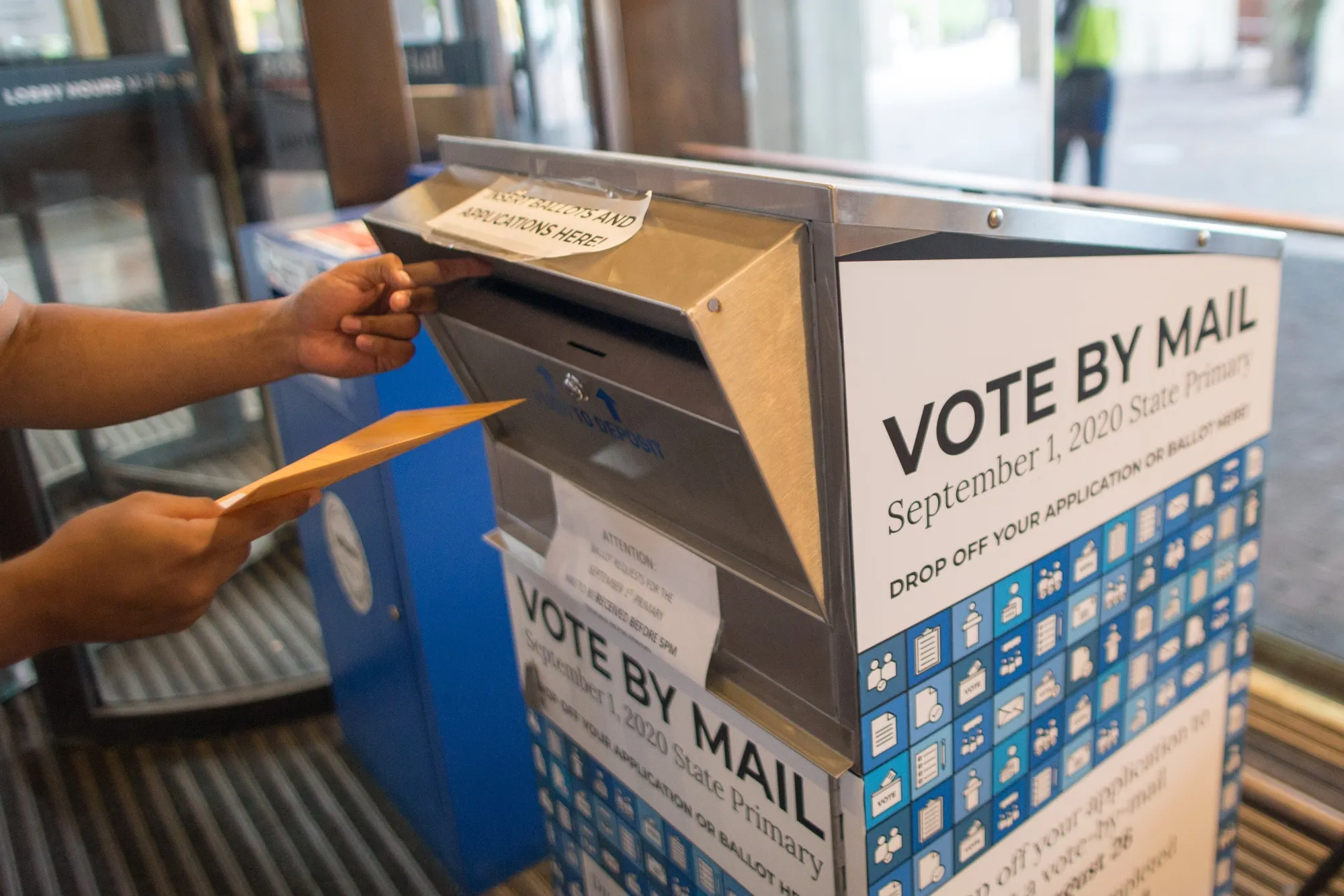 A&nbsp;vote by mail dropbox at Boston City Hall in Boston, Massachusetts.