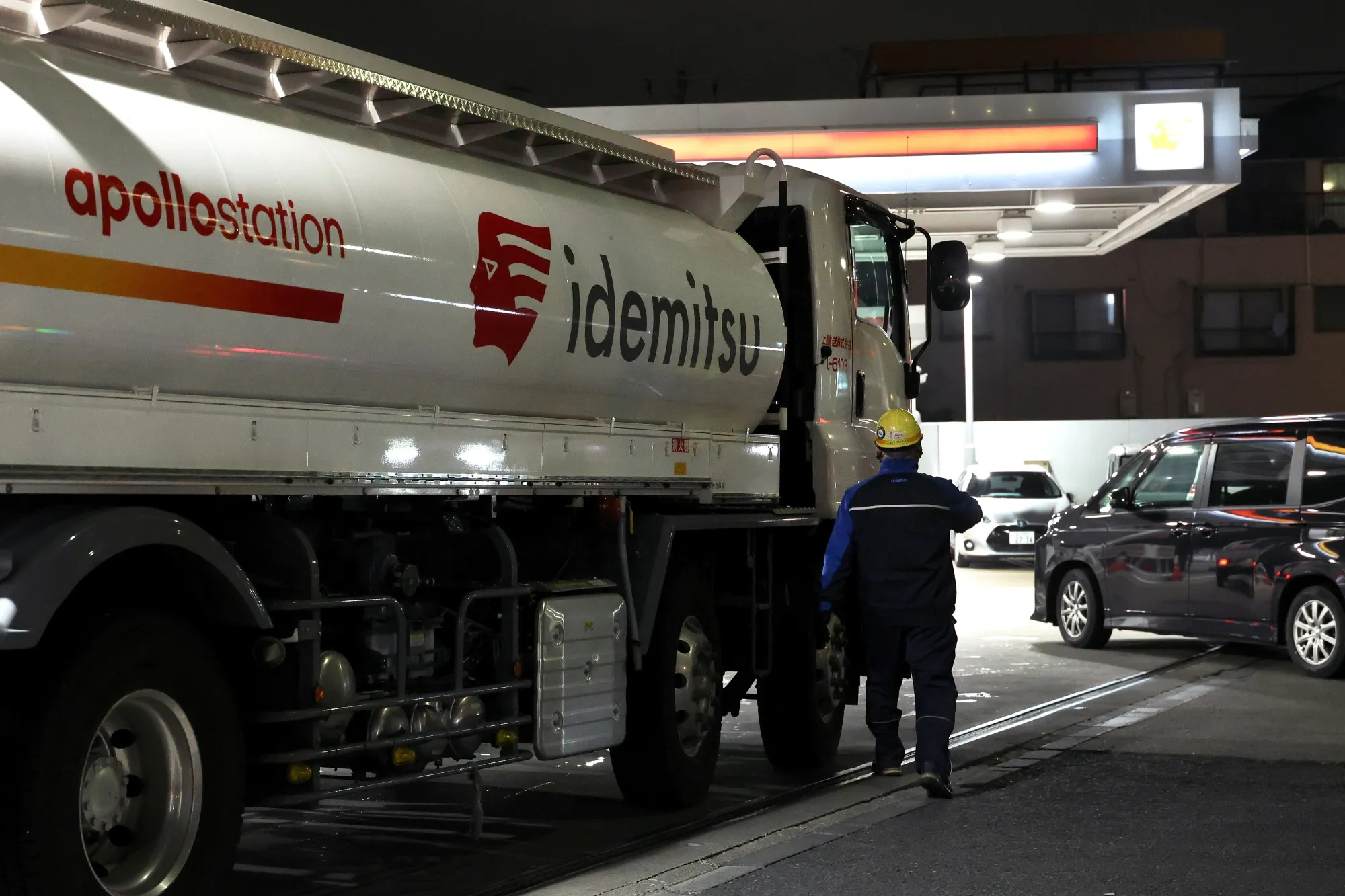 A gasoline tanker truck at an Idemitsu Kosan Co. apollostation brand gas station in Tokyo.
