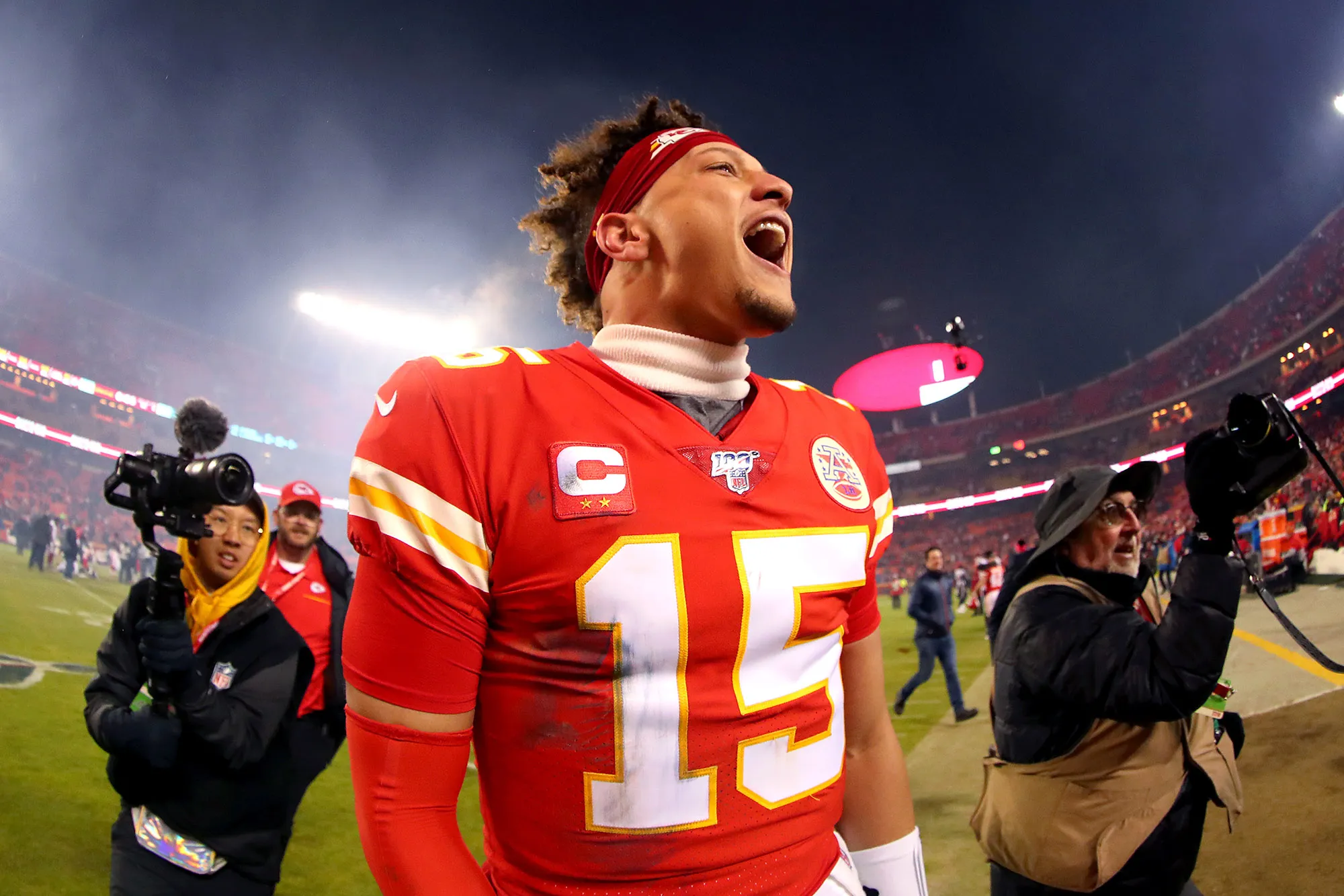 Patrick Mahomes of the Kansas City Chiefs celebrates his teams win against the Houston Texans in the AFC Divisional playoff game in Kansas City, Missouri on Jan. 12.