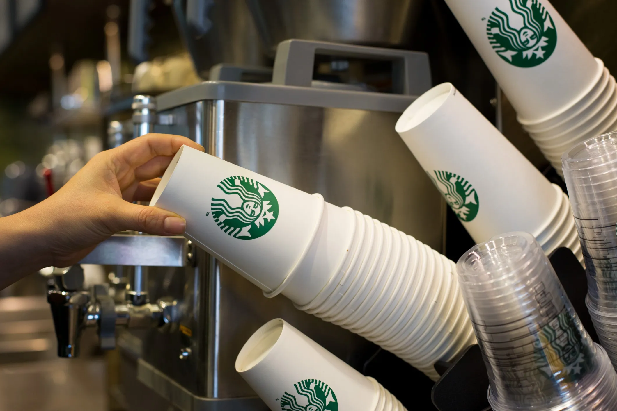 Coffee cups inside a Starbucks shop in Gimpo, South Korea.