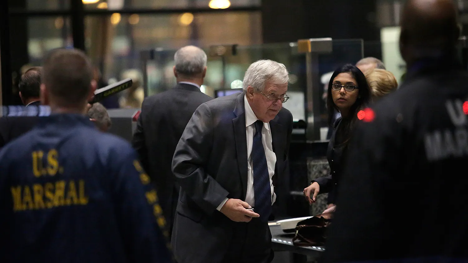 Former Republican Speaker of the House Dennis Hastert, center, arrives at the Dirksen Federal Courthouse on Oct. 28, 2015, in Chicago.
