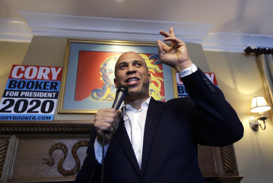 Presidential hopeful Cory Booker speaking at a campaign event in New Hampshire.
