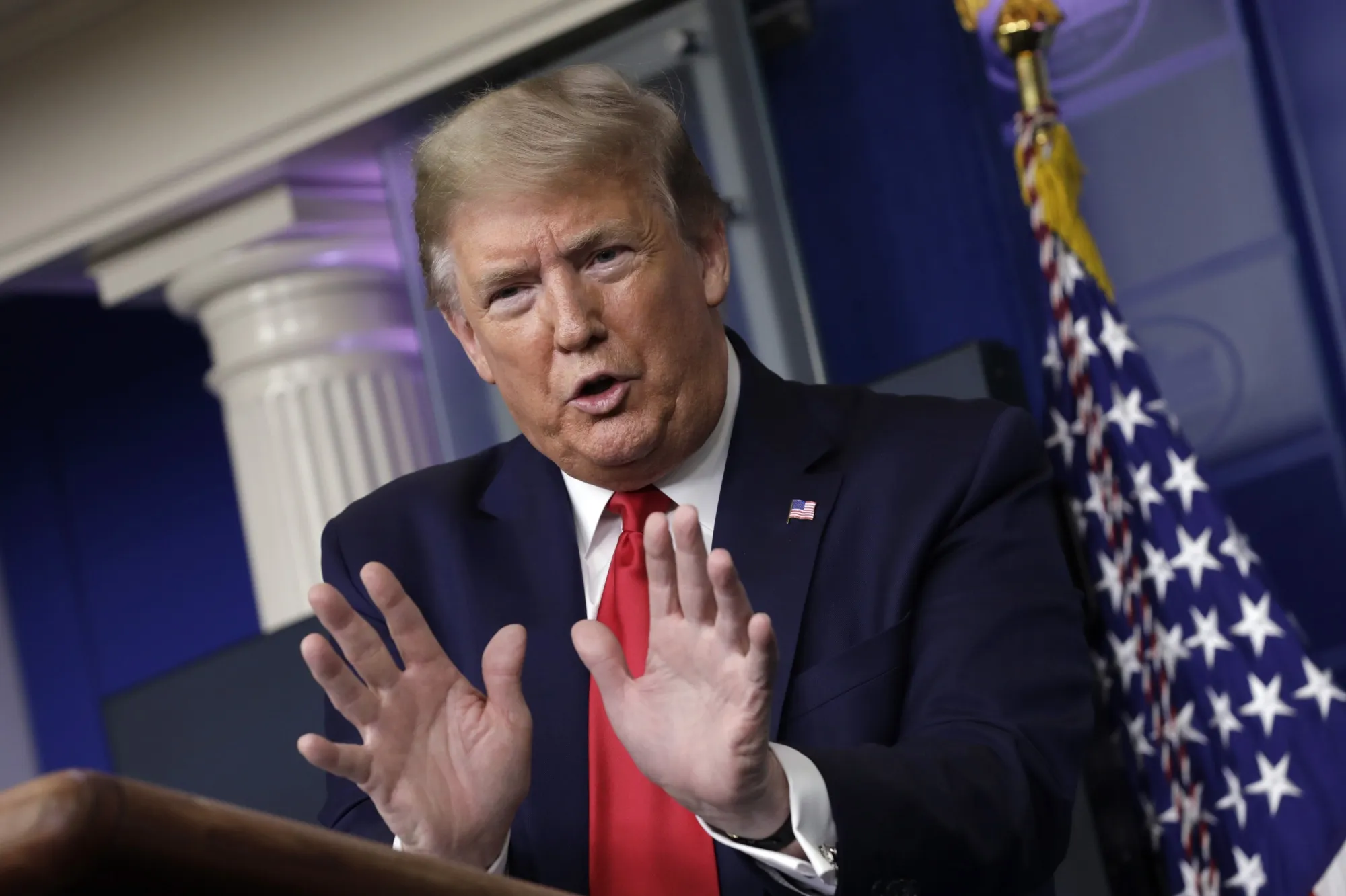 Donald Trump speaks during a Coronavirus Task Force news conference at the White House on April 13.