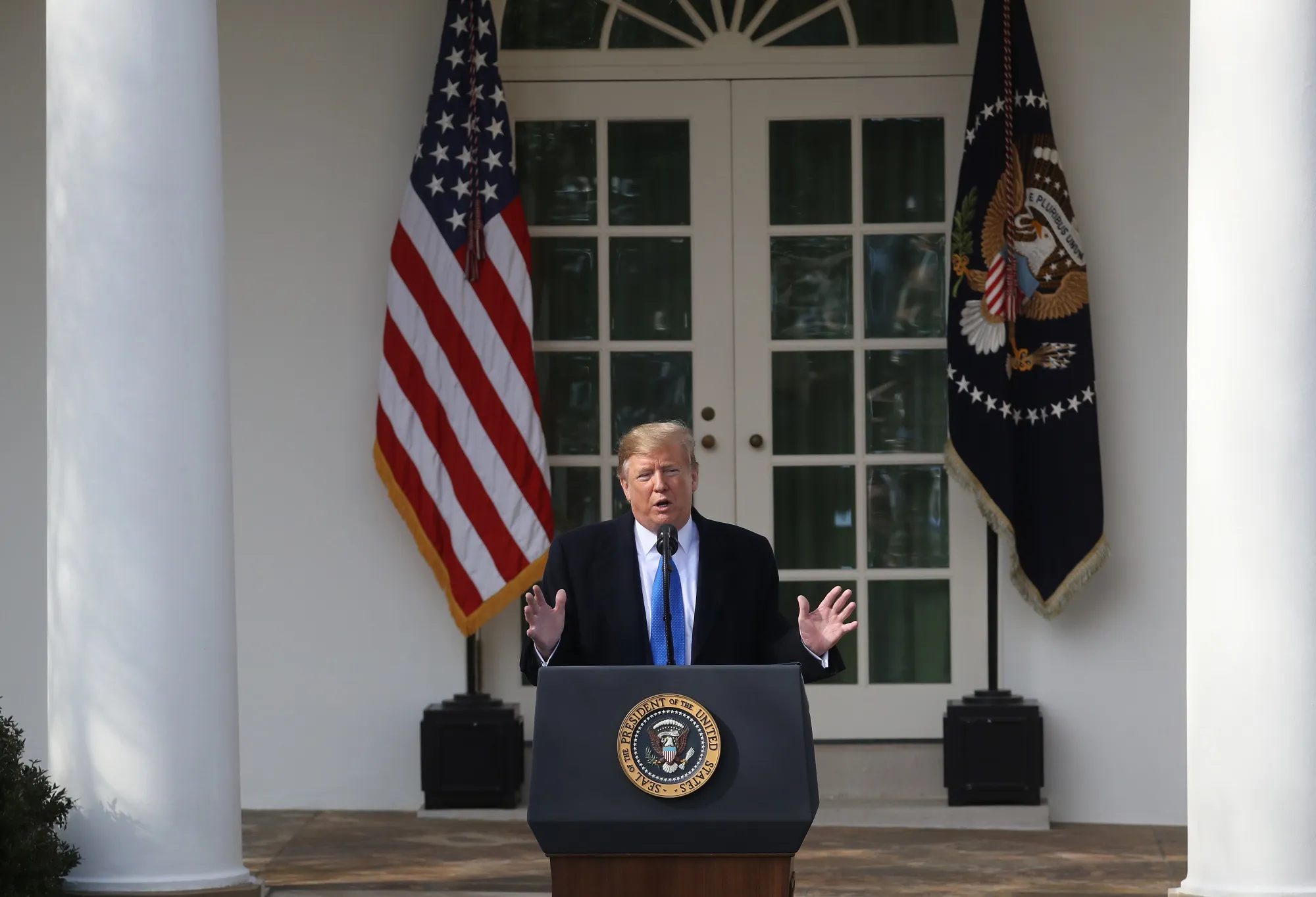 Donald Trump speaks in the Rose Garden on Feb. 15