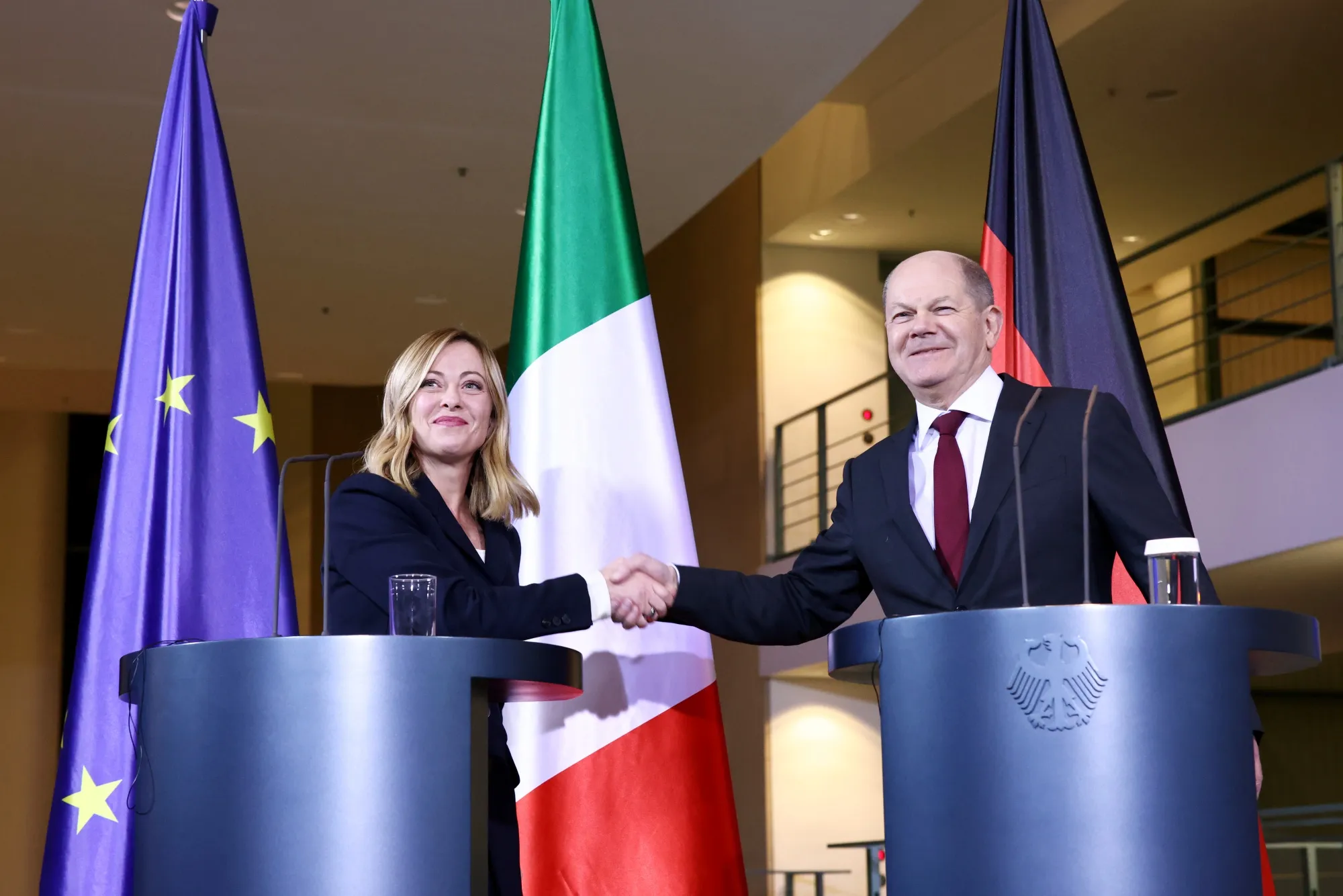 Giorgia Meloni and Olaf Scholz&nbsp;in Berlin, Nov. 22.&nbsp;