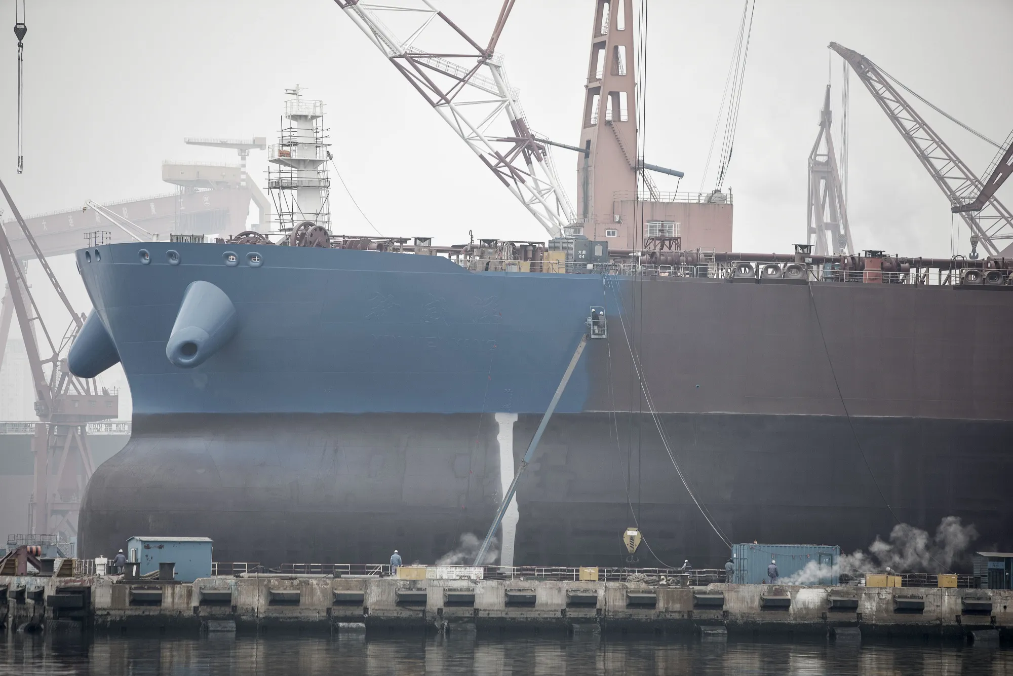 A ship under construction in a ship-building yard in Dalian, China.