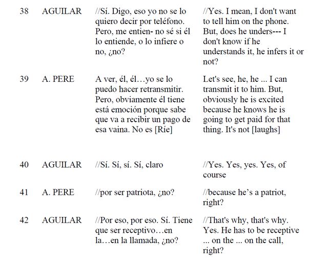 Transcript of recorded phone call between Antonio Peré and Javier Aguilar, on Feb. 27, 2020.