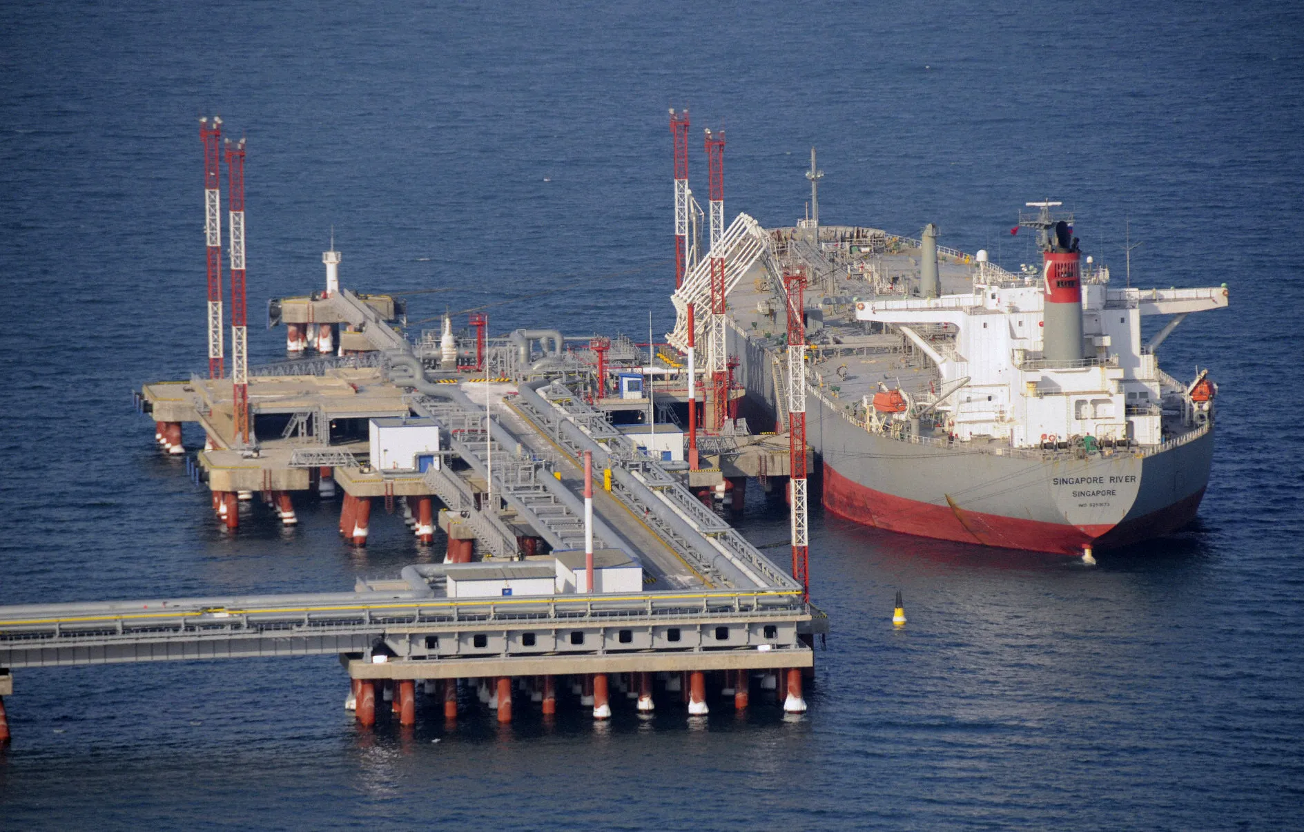 An oil tanker is docked at a pier at Kozmino port in the Russian Far East.