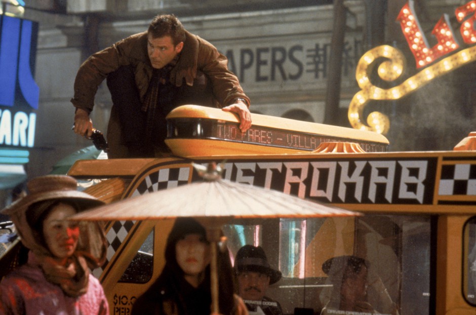 Harrison Ford on the set of Ridley Scott's seminal 'Blade Runner,' set in the grim future of November 2019.