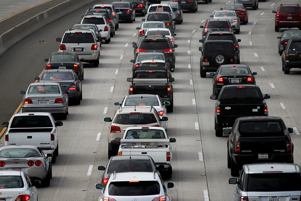 Morning traffic fills the SR2 freeway in Los Angeles, California.