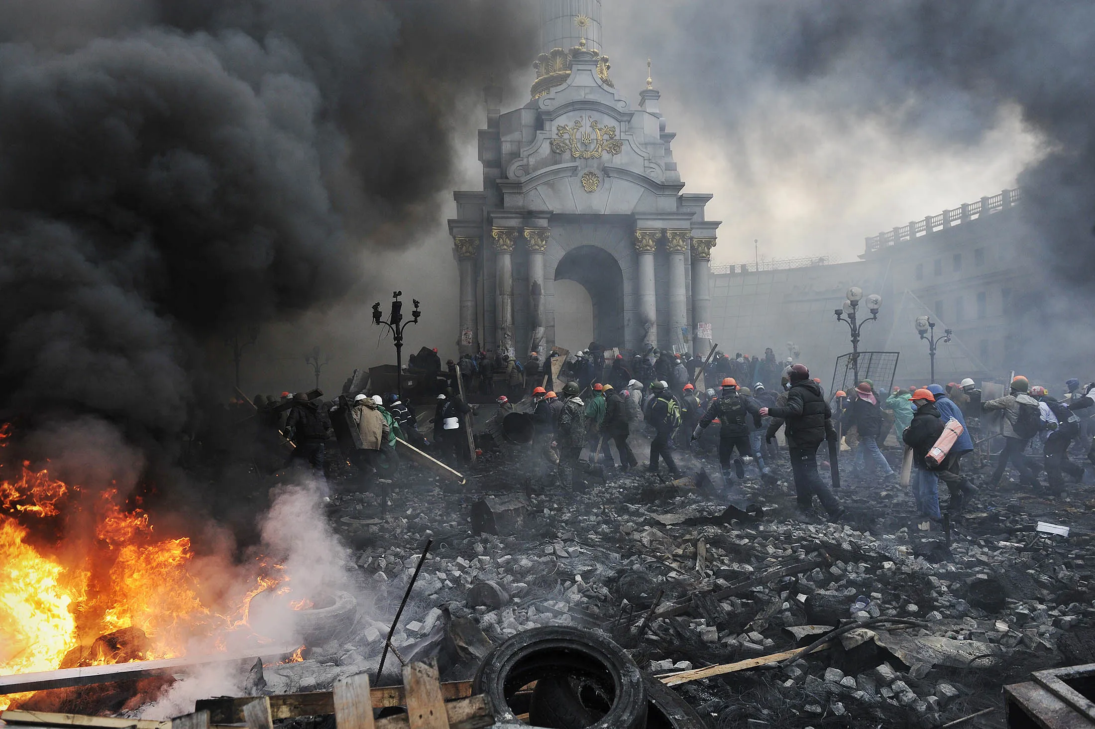 Protesters advance towards new positions in Kiev in 2014. Nearly two years after Ukrainian protesters drove out their pro-Russian leader, progress toward building a European-style state has disappointed and the post-Soviet scourge of corruption endures.
