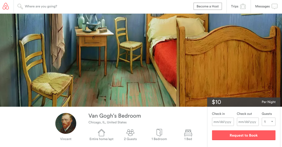 Screenshot of Airbnb listing of Van Gogh's Bedroom.